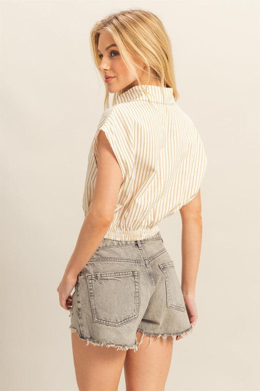 HYFVE Striped Elastic Hem Johnny Collar Cap Sleeve Blouse bc93eb83-570f-4a2d-84b7-b572f19e4e93-Max