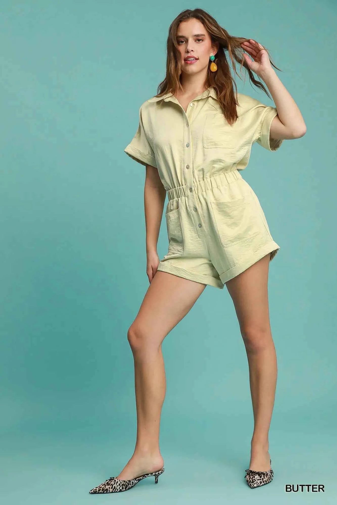 Umgee Button Down Charmeuse Romper Umgee Button Down Charmeuse Romper