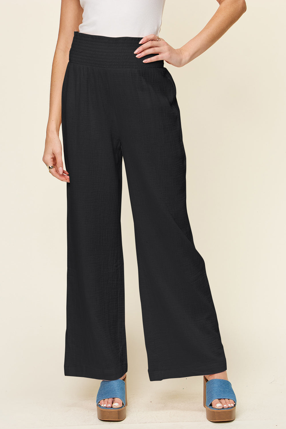 Double Take Full Size Texture Smocked Waist Wide Leg Pants Double Take Full Size Texture Smocked Waist Wide Leg Pants