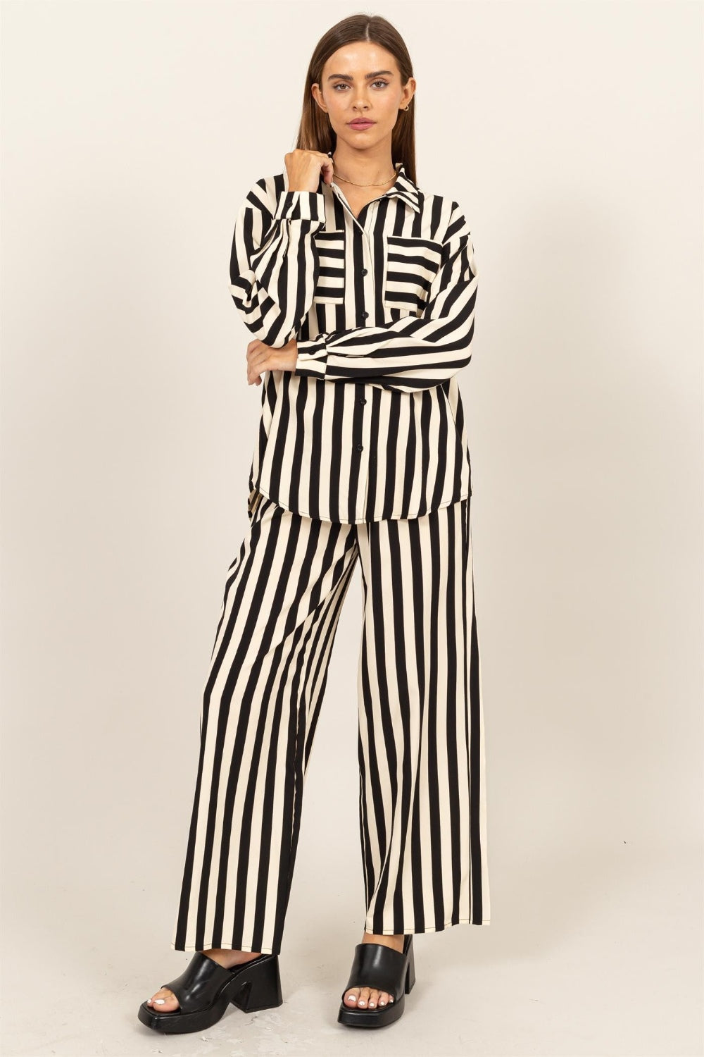 HYFVE Striped Button Up Shirt and Pants Set HYFVE Striped Button Up Shirt and Pants Set - TopFashionHQ