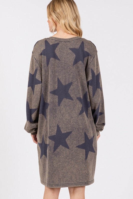SAGE + FIG Washed Star Print Round Neck Dress SAGE + FIG Washed Star Print Round Neck Dress - TopFashionHQ