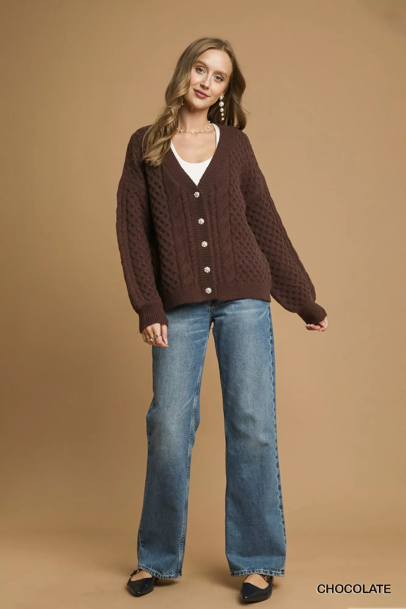 Umgee Cable Knit Pearl Button Cardigan bd11477d-69f6-4c2d-acdd-16099a083bf4-Max-Origin