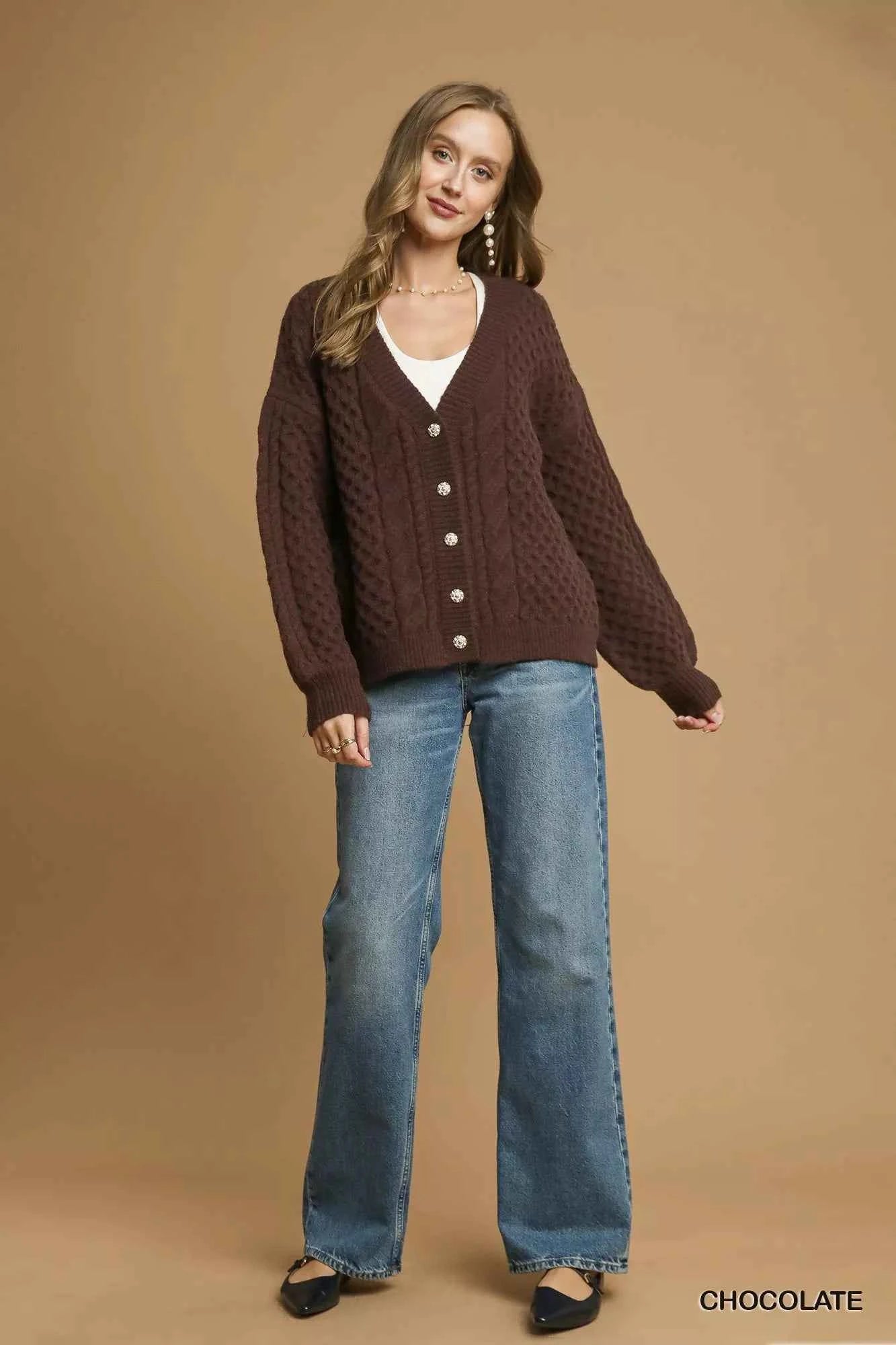 Umgee Cable Knit Pearl Button Cardigan Umgee Cable Knit Pearl Button Cardigan