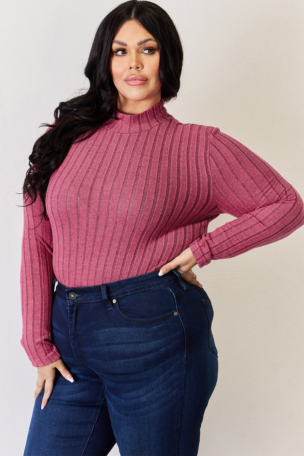 Basic Bae Full Size Ribbed Mock Neck Long Sleeve T-Shirt Basic Bae Full Size Ribbed Mock Neck Long Sleeve T-Shirt - TopFashionHQ