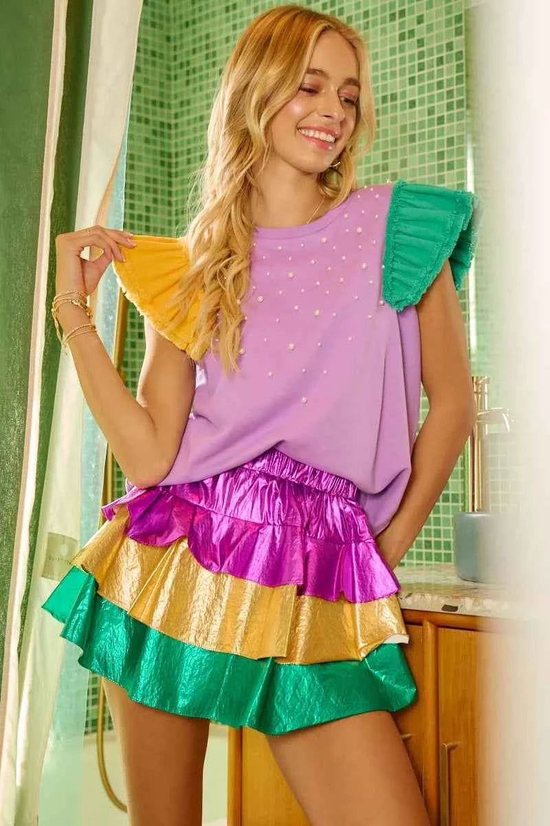 BiBi Mardi Gras Color Block Metallic Tiered Skirt BiBi Mardi Gras Color Block Metallic Tiered Skirt