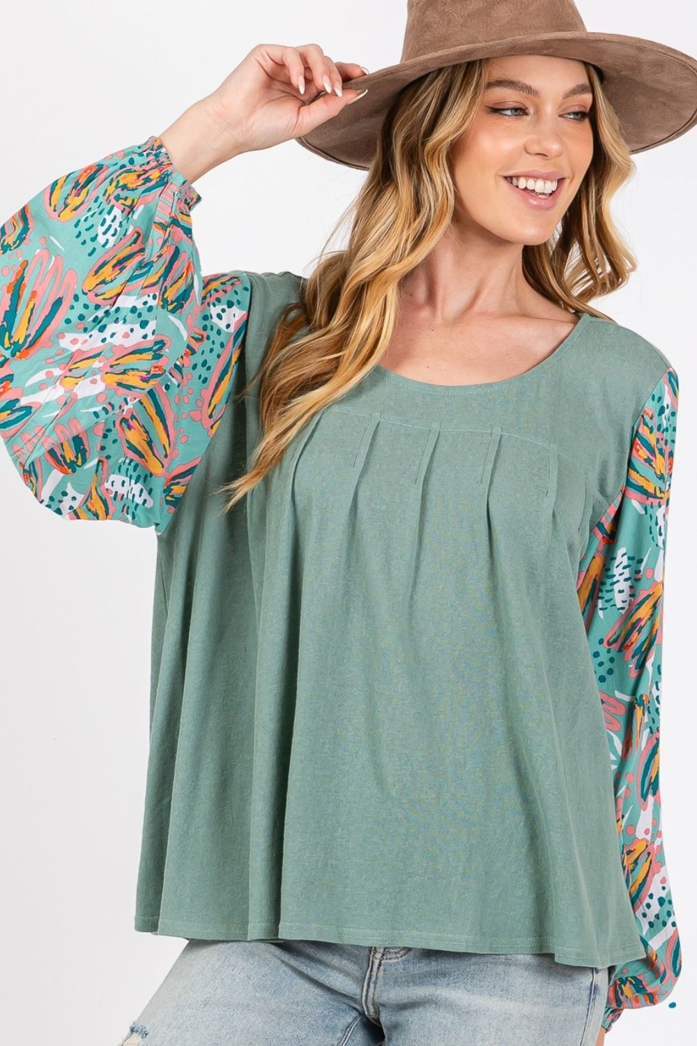 SAGE + FIG Ruched Round Neck Printed Bubble Sleeve Top SAGE + FIG Ruched Round Neck Printed Bubble Sleeve Top - TopFashionHQ