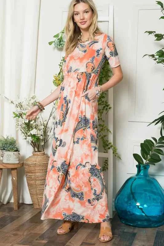 Celeste Paisley Print Short Sleeve Maxi Dress with Pockets Celeste Paisley Print Short Sleeve Maxi Dress with Pockets
