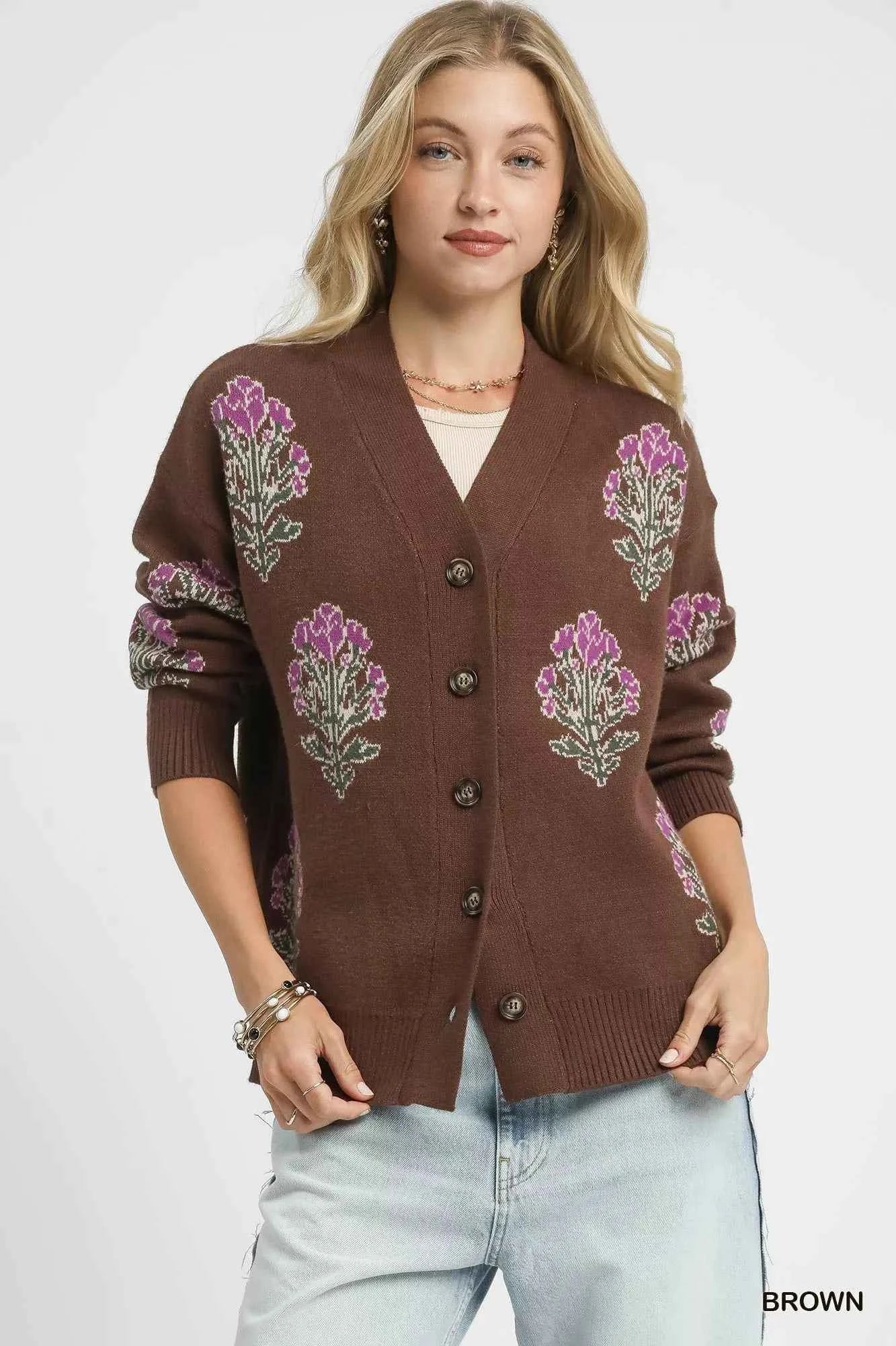 Umgee Single Flower Stem Jacquard Cardigan Sweater Umgee Single Flower Stem Jacquard Cardigan Sweater