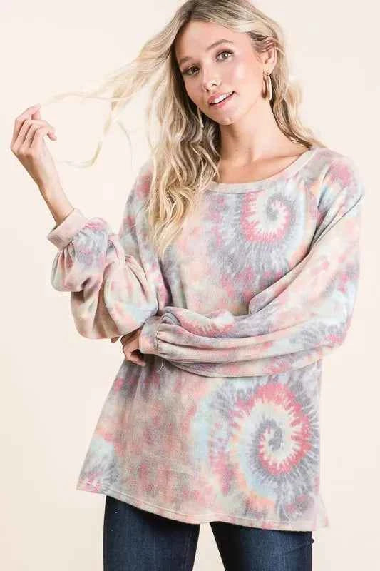 BiBi Brushed Tie Dye Print Top with Puff Sleeves BiBi Brushed Tie Dye Print Top with Puff Sleeves