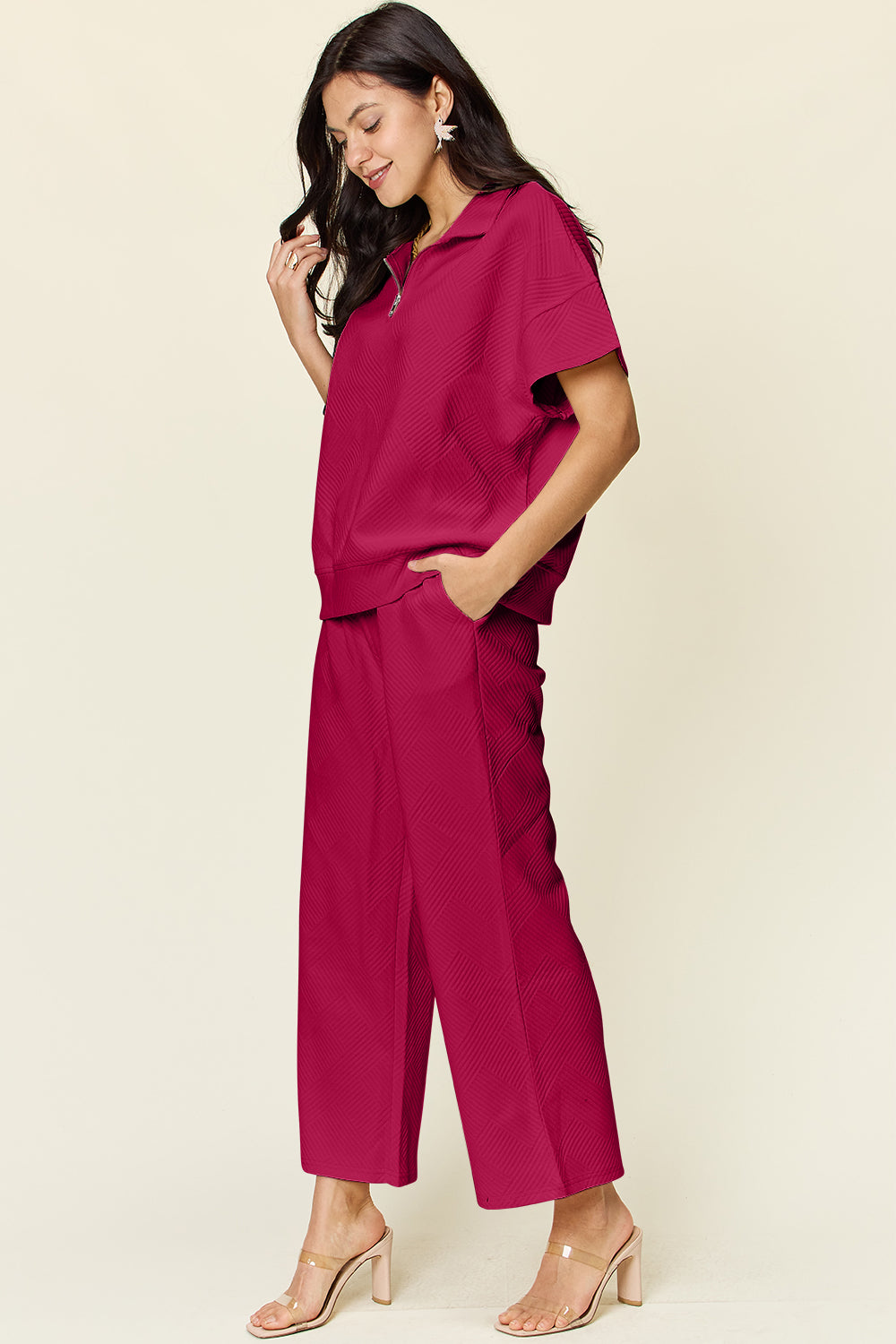 Double Take Full Size Texture Half Zip Short Sleeve Top and Pants Set Double Take Full Size Texture Half Zip Short Sleeve Top and Pants Set