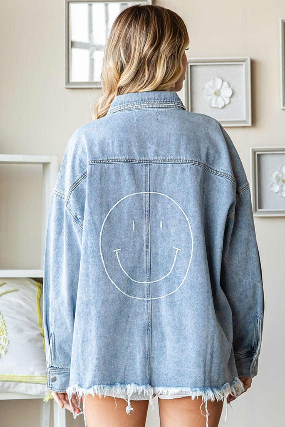 First Love Smile Face Button Down Raw Hem Denim Jacket First Love Smile Face Button Down Raw Hem Denim Jacket