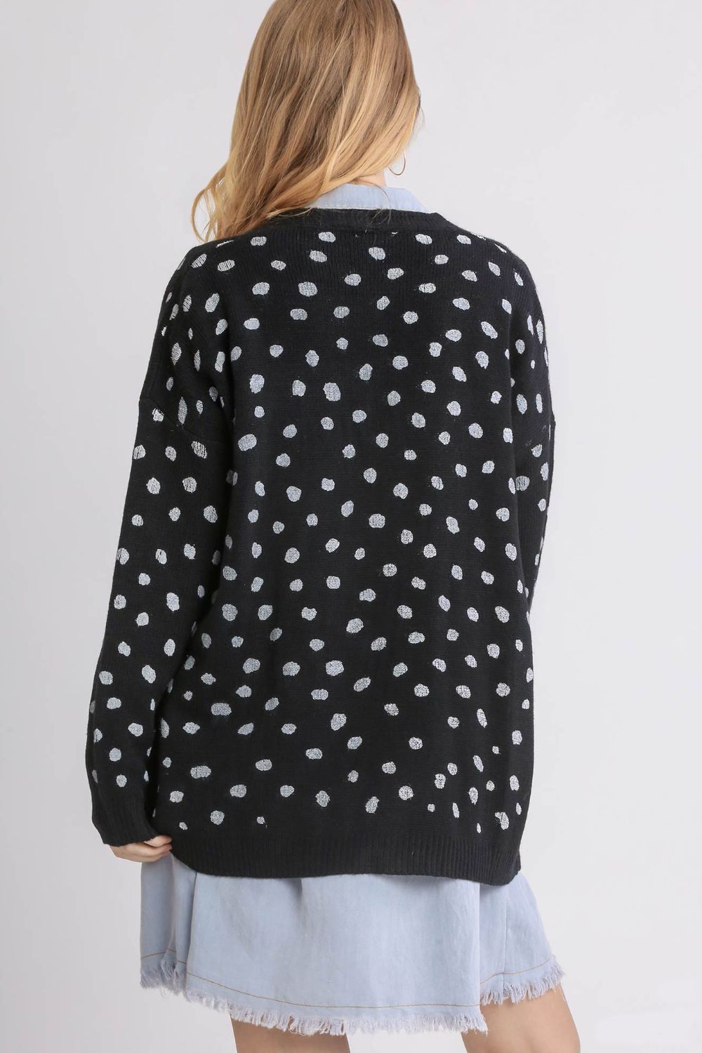 Umgee Polka Dot Open Front Drop Shoulder Cardigan Umgee Polka Dot Open Front Drop Shoulder Cardigan - TopFashionHQ