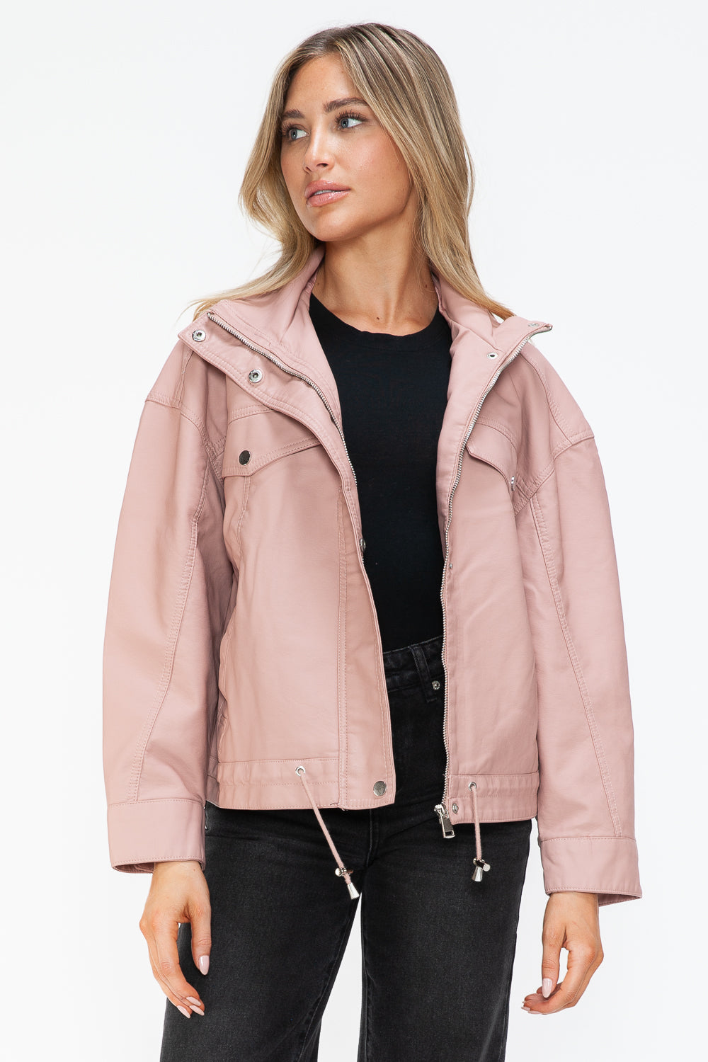 How Dare U Drawstring Hem PU Leather Zip Up Jacket How Dare U Drawstring Hem PU Leather Zip Up Jacket - TopFashionHQ