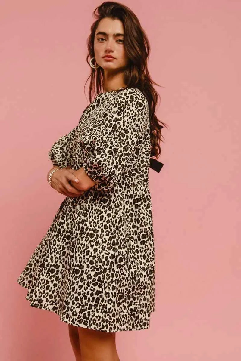 BiBi Leopard Denim Dress With Back Contrast Tie Detail BiBi Leopard Denim Dress With Back Contrast Tie Detail