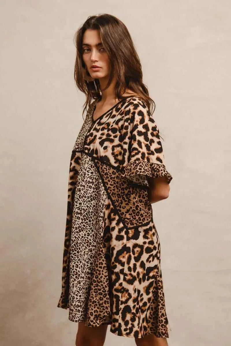 BiBi Leopard Prints Mix and Match Short Sleeves Dress BiBi Leopard Prints Mix and Match Short Sleeves Dress