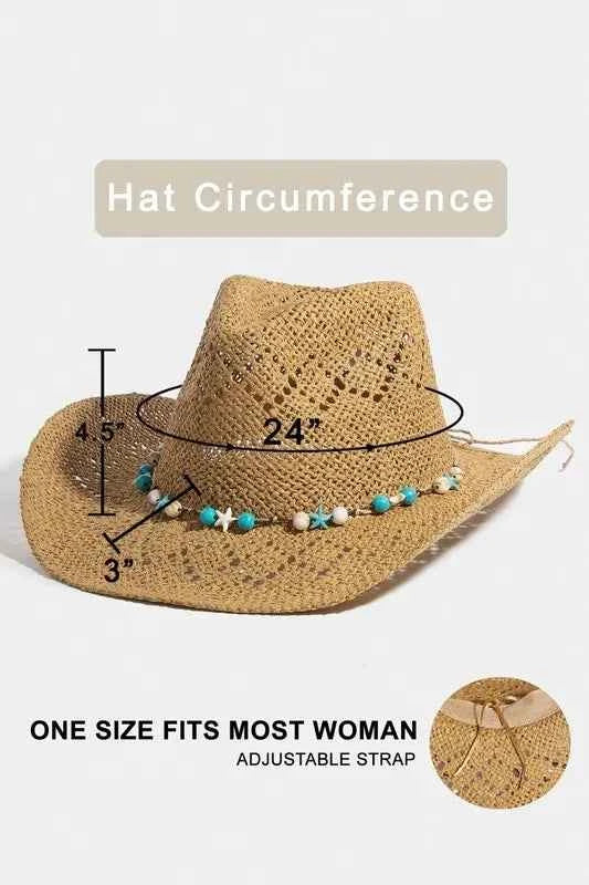 Fame Turquoise and Shell Star Beads Strap Western Straw Hat Fame Turquoise and Shell Star Beads Strap Western Straw Hat