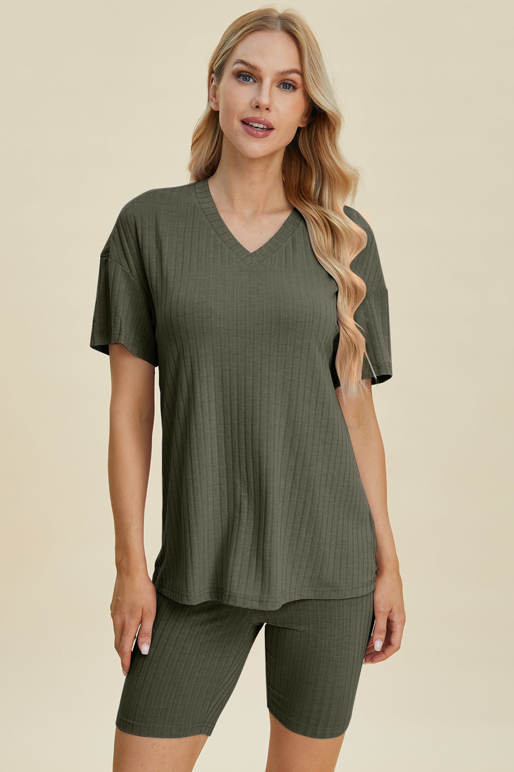 Basic Bae Full Size Ribbed V-Neck Short Sleeve Top and Shorts Set Basic Bae Full Size Ribbed V-Neck Short Sleeve Top and Shorts Set