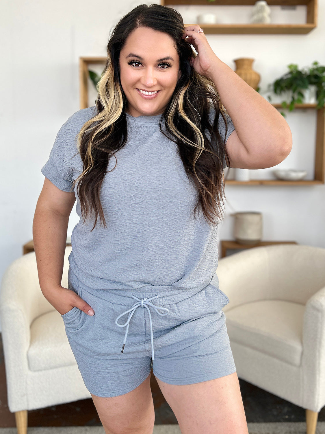 Double Take Full Size Texture Short Sleeve T-Shirt and Drawstring Shorts Set Double Take Full Size Texture Short Sleeve T-Shirt and Drawstring Shorts Set
