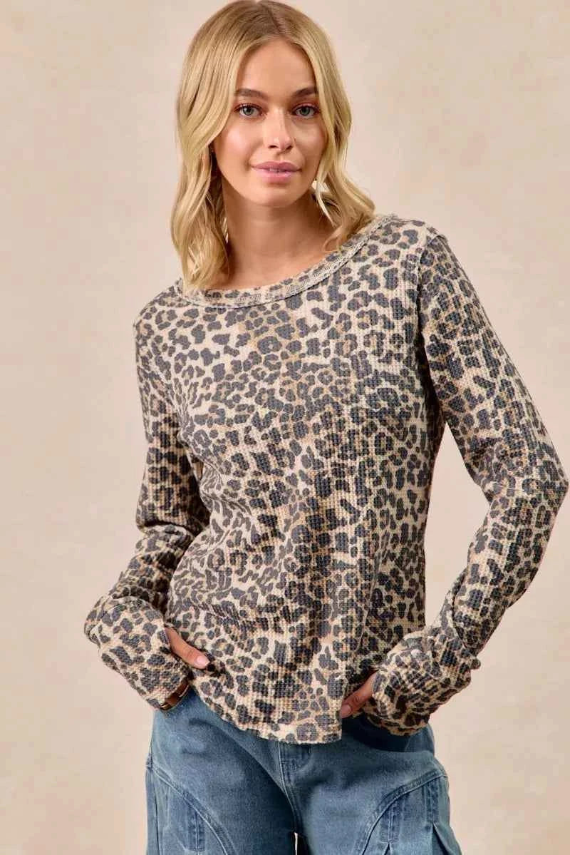 BiBi Leopard Print Washed Waffle Thermal Top with Thumb BiBi Leopard Print Washed Waffle Thermal Top with Thumb