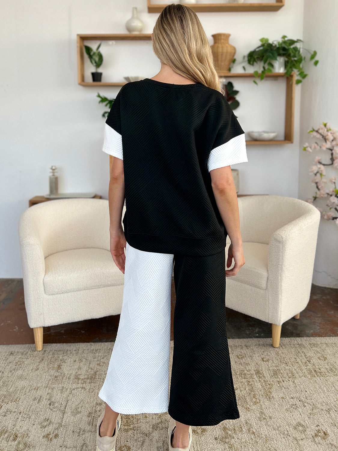 Double Take Full Size Texture Contrast T-Shirt and Wide Leg Pants Set Double Take Full Size Texture Contrast T-Shirt and Wide Leg Pants Set