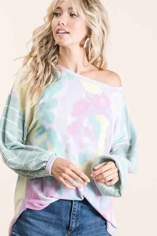 BiBi Tie Dye Terry Top with Wide Stripe Thermal Waffle BiBi Tie Dye Terry Top with Wide Stripe Thermal Waffle