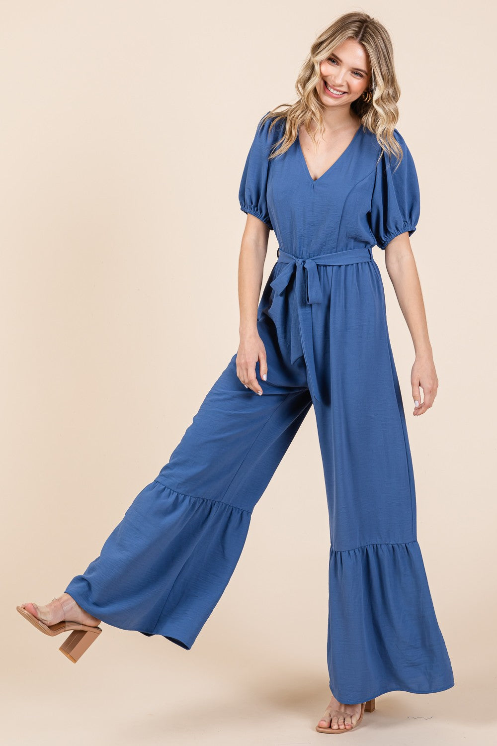 GeeGee Full Size V-Neck Belted Wide Leg Jumpsuit GeeGee Full Size V-Neck Belted Wide Leg Jumpsuit - TopFashionHQ