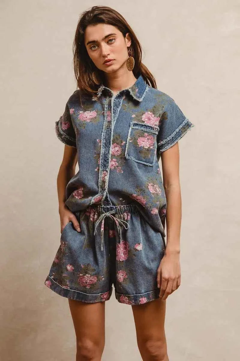 BiBi Floral Printed Denim Short Pants With Pocket BiBi Floral Printed Denim Short Pants With Pocket