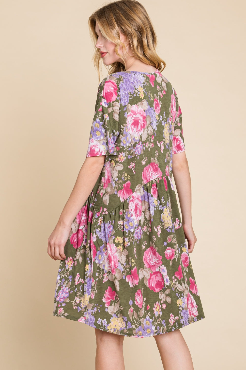 BOMBOM Flower Print V-Neck Ruched Dress BOMBOM Flower Print V-Neck Ruched Dress - TopFashionHQ