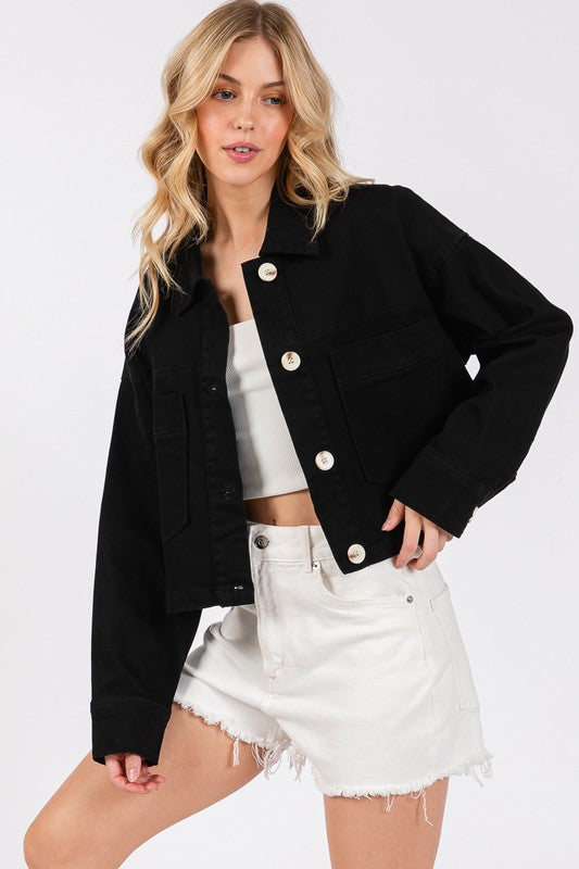 bytos Button Down Cropped Denim Jacket with Patch Pockets bytos Button Down Cropped Denim Jacket with Patch Pockets