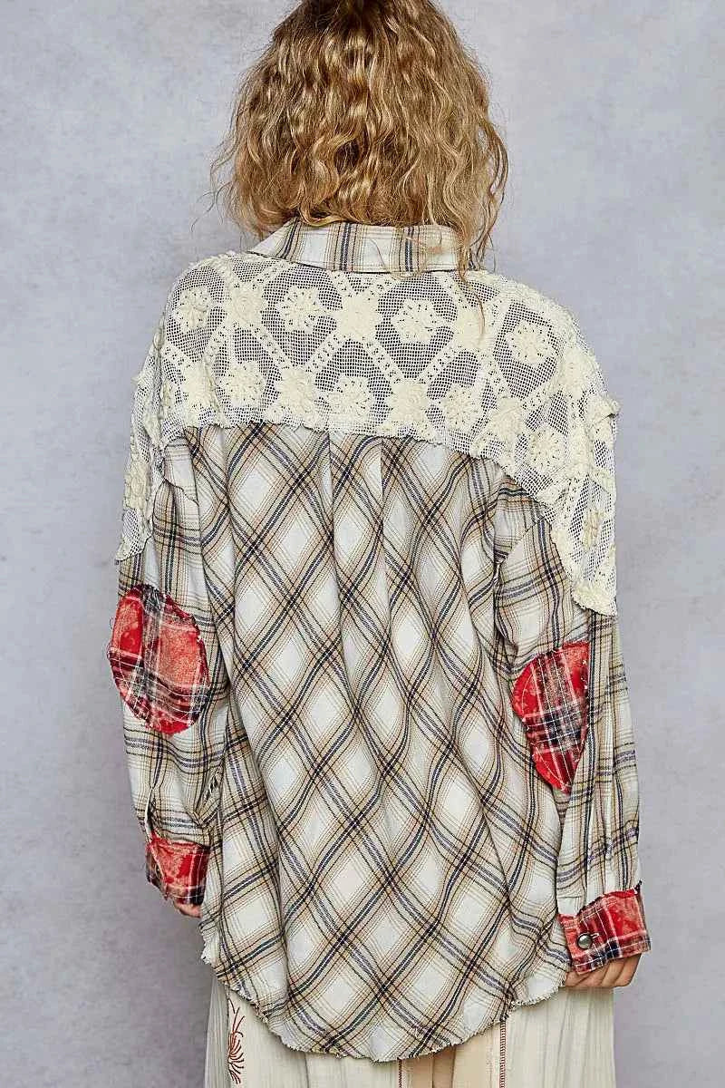 POL Lace Patchwork Plaid Oversized Shirt POL Lace Patchwork Plaid Oversized Shirt