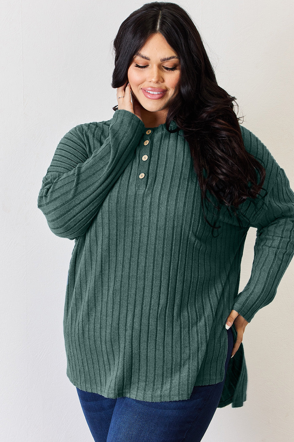 Basic Bae Full Size Ribbed Half Button Long Sleeve High-Low T-Shirt Basic Bae Full Size Ribbed Half Button Long Sleeve High-Low T-Shirt - TopFashionHQ