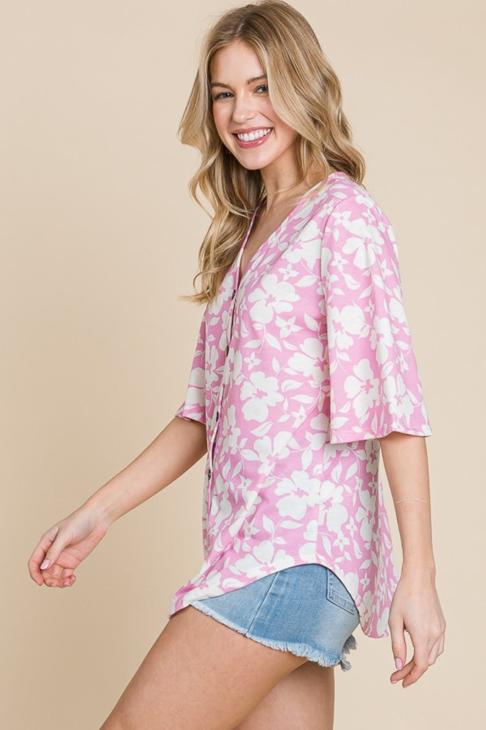 BOMBOM Floral Decorative Button V-Neck Top BOMBOM Floral Decorative Button V-Neck Top - TopFashionHQ
