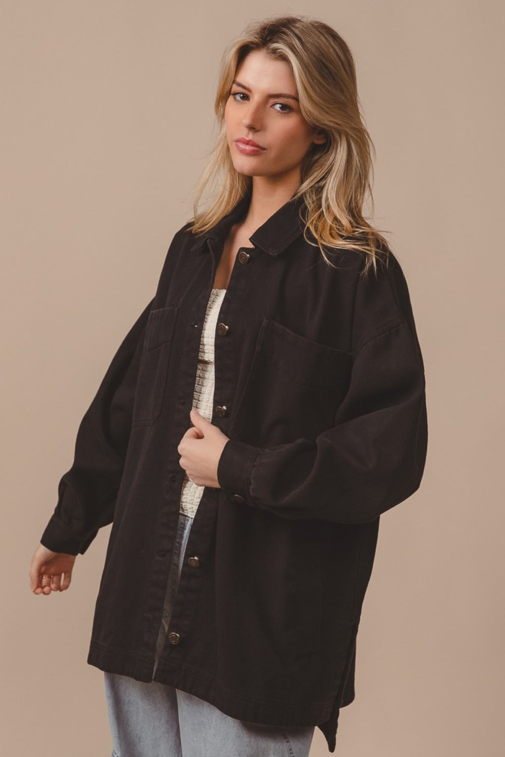 BiBi Button Up Washed Jacket with Pockets BiBi Button Up Washed Jacket with Pockets