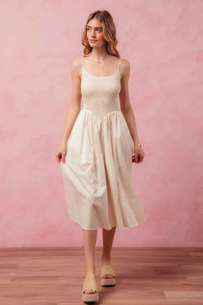 SO ME Smocked Sleeveless Casual Everyday Dress With Slit SO ME Smocked Sleeveless Casual Everyday Dress With Slit
