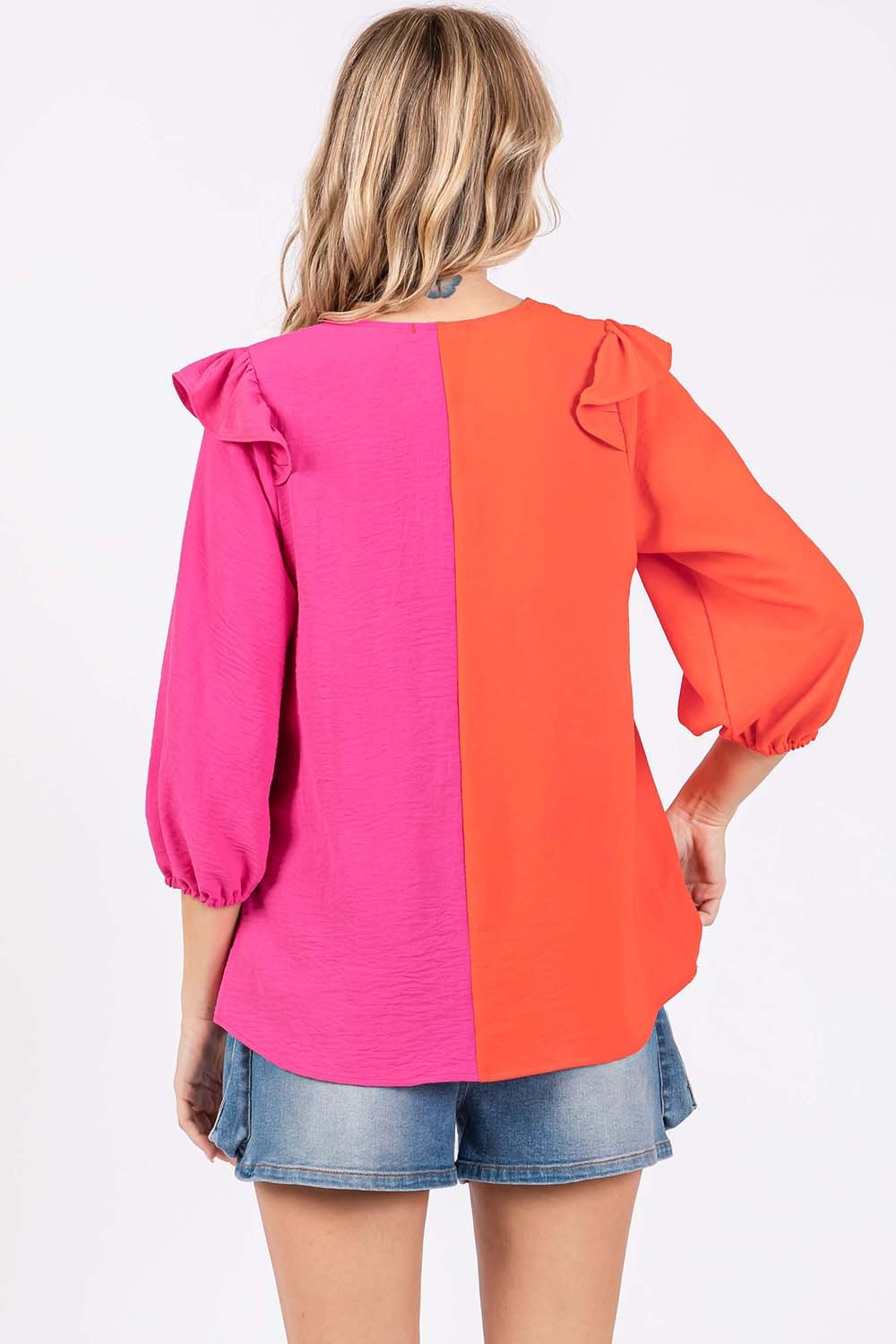 GeeGee Full Size Ruffle Trim Contrast Blouse GeeGee Full Size Ruffle Trim Contrast Blouse - TopFashionHQ