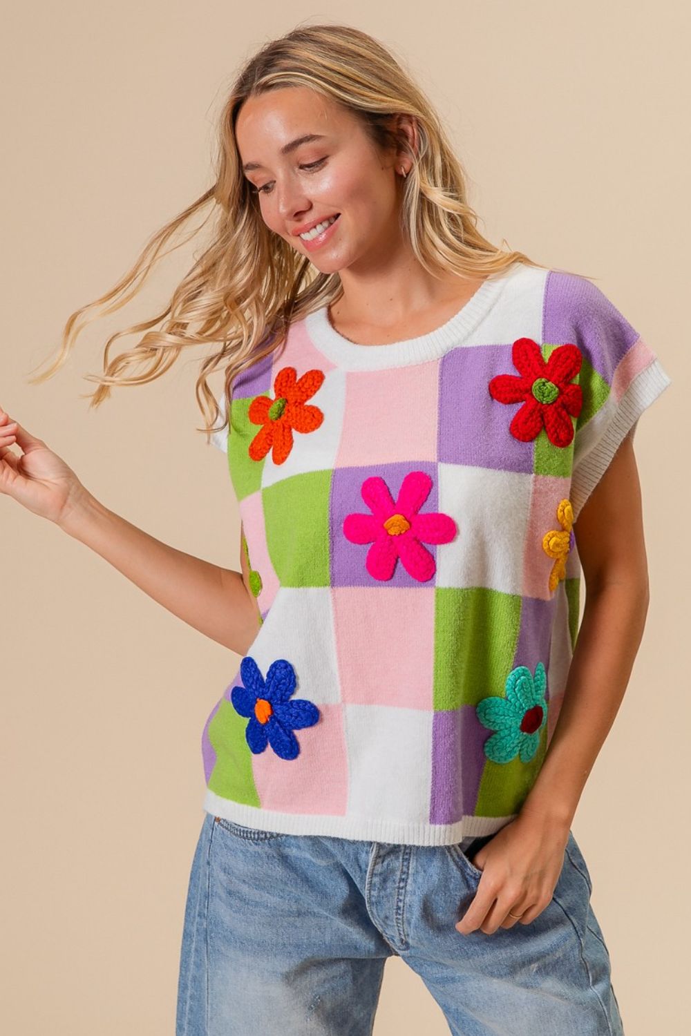 BiBi Flower Patch Checkered Sweater Vest BiBi Flower Patch Checkered Sweater Vest - TopFashionHQ