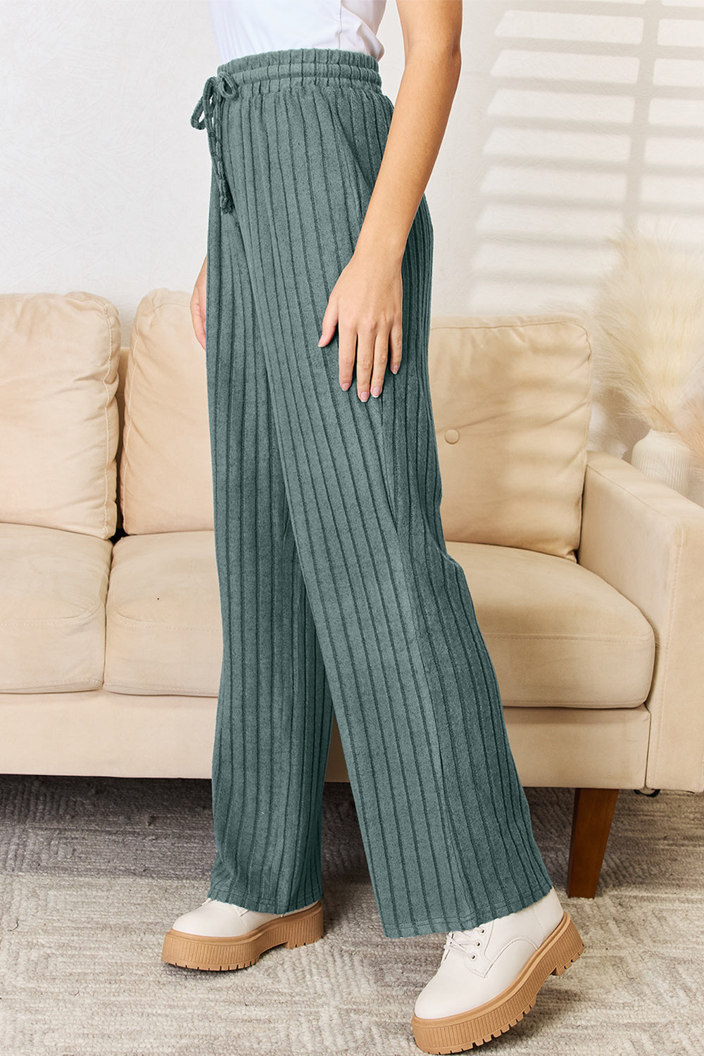 Basic Bae Full Size Ribbed Drawstring Hooded Top and Straight Pants Set Basic Bae Full Size Ribbed Drawstring Hooded Top and Straight Pants Set - TopFashionHQ