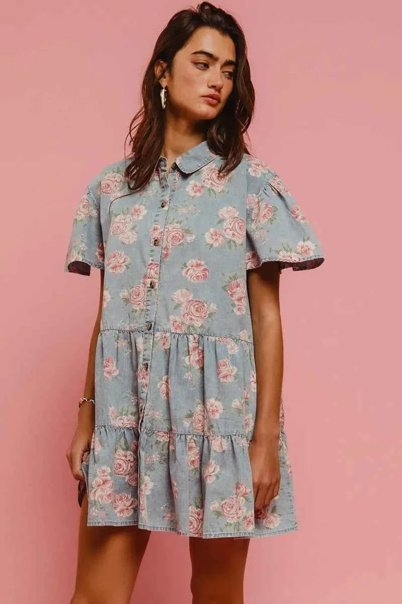 BiBi Floral Print Washed Lightweight Tiered Shirt Dress BiBi Floral Print Washed Lightweight Tiered Shirt Dress