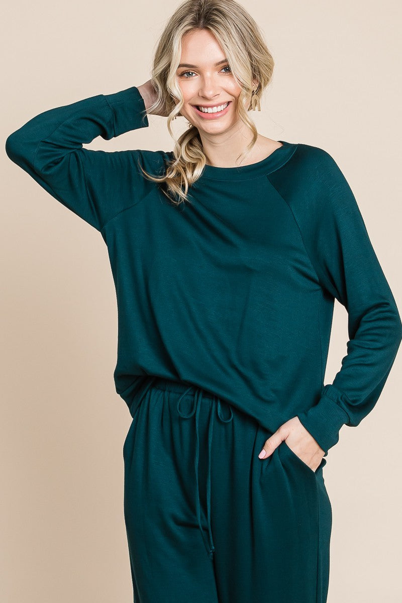 Super Lady Round Neck Raglan Sleeve Top and Drawstring Pants Lounge Set Super Lady Round Neck Raglan Sleeve Top and Drawstring Pants Lounge Set