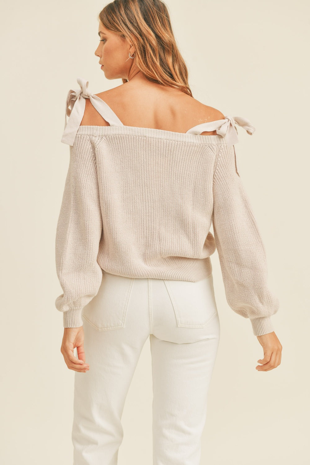 MABLE Off Shoulder Self Tie Strap Button Down Sweater MABLE Off Shoulder Self Tie Strap Button Down Sweater - TopFashionHQ
