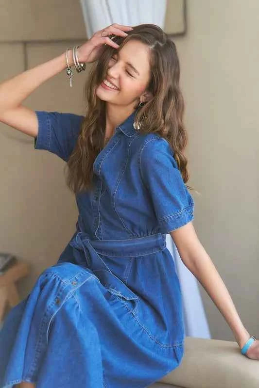 ADORA Tiered Button Down Tie Waist Short Sleeve Denim Dress ADORA Tiered Button Down Tie Waist Short Sleeve Denim Dress
