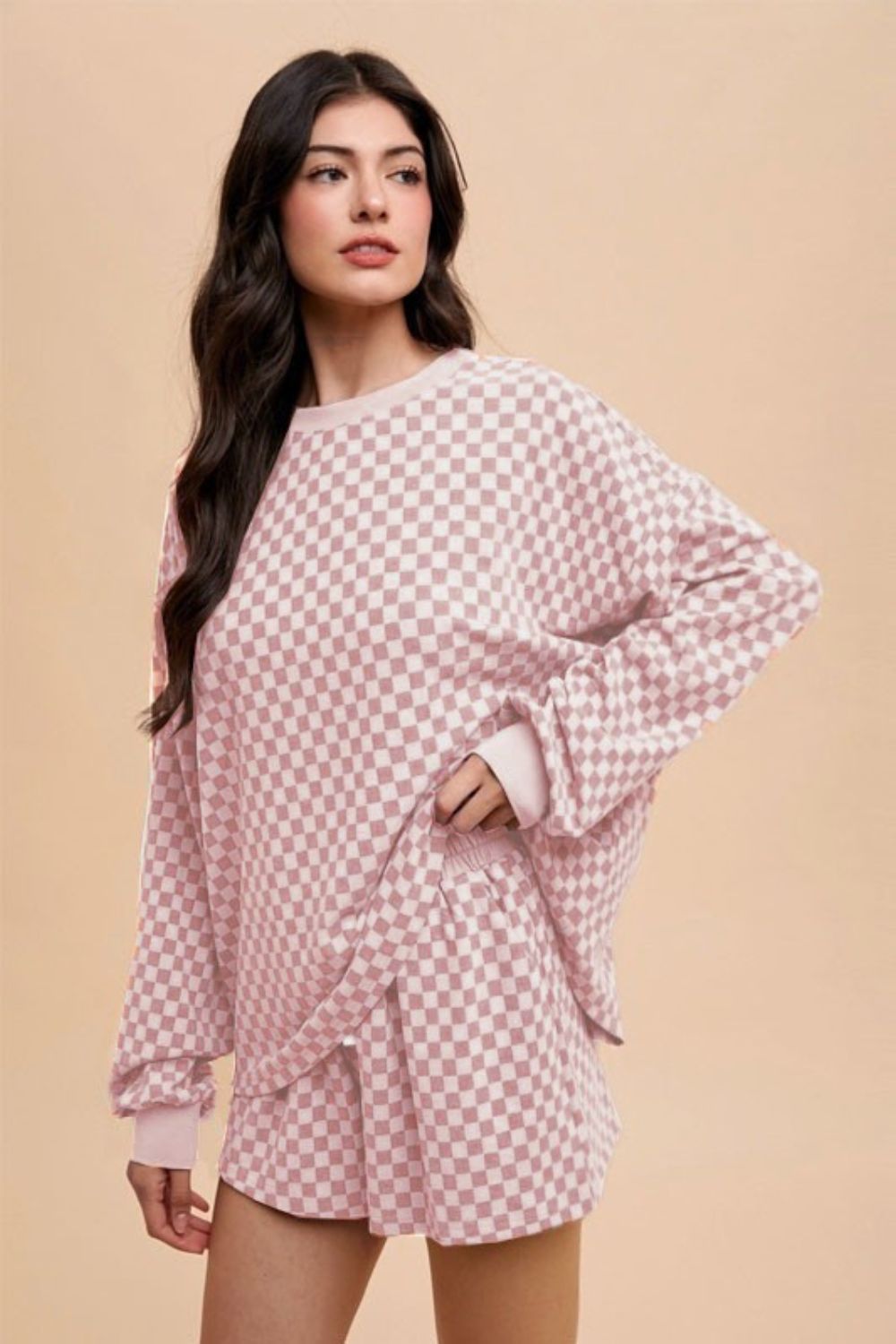 Annie Wear Checkered Round Neck Top and Drawstring Shorts Set Annie Wear Checkered Round Neck Top and Drawstring Shorts Set