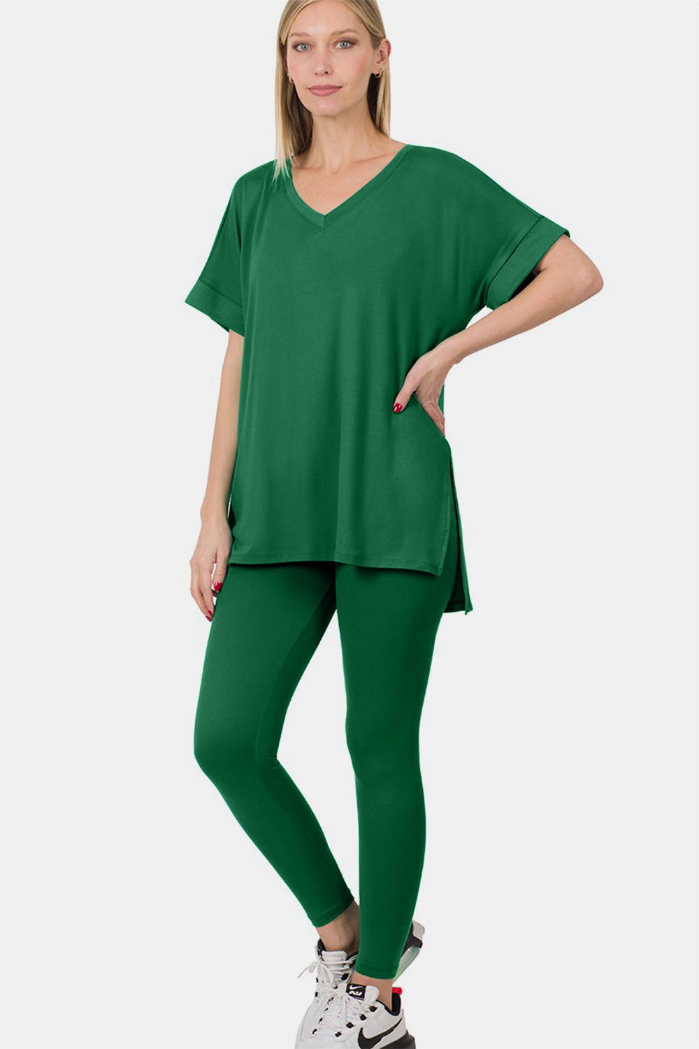 Zenana V-Neck Rolled Short Sleeve T-Shirt and Leggings Lounge Set Zenana V-Neck Rolled Short Sleeve T-Shirt and Leggings Lounge Set - TopFashionHQ