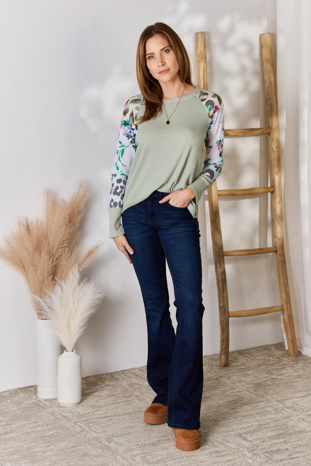 Hailey & Co Full Size Printed Round Neck Blouse Hailey & Co Full Size Printed Round Neck Blouse - TopFashionHQ