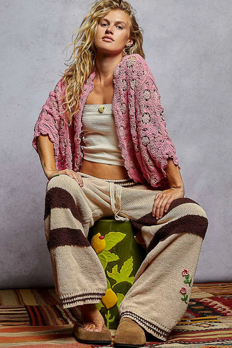 POL Openwork V-Neck Chenille Cardigan with Contrast Floral c1307ef9-0257-4e63-bf5d-fc808a4ac770-Max-Origin