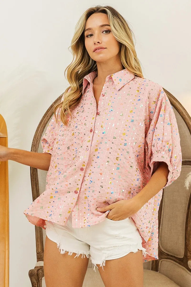 BiBi Sequin Striped Short Dolman Sleeve Blouse c15a130cd5654753afd0c08acbce7f27-Max-Origin