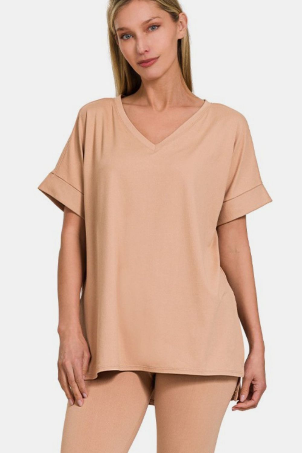 Zenana Full Size V-Neck Rolled Short Sleeve T-Shirt and Leggings Lounge Set Zenana Full Size V-Neck Rolled Short Sleeve T-Shirt and Leggings Lounge Set - TopFashionHQ