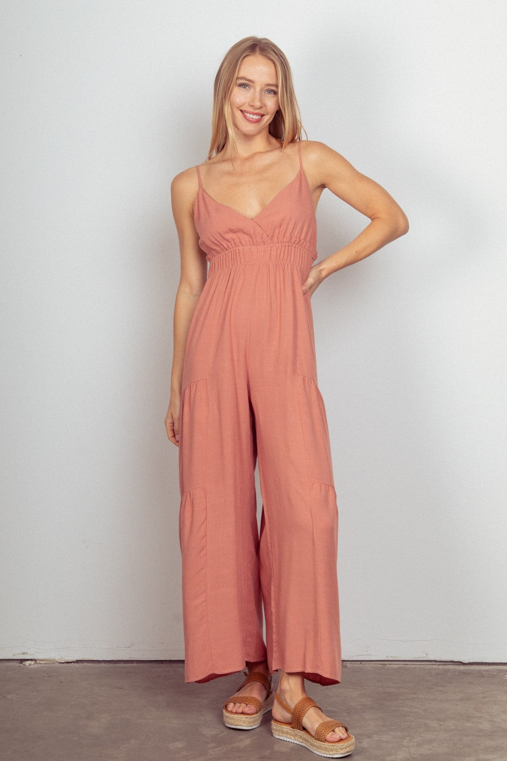 VERY J Sleeveless Ruched Wide Leg Jumpsuit VERY J Sleeveless Ruched Wide Leg Jumpsuit - TopFashionHQ