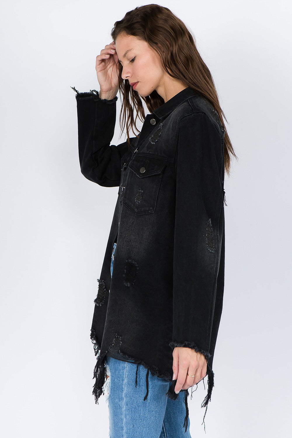 American Bazi Distressed Frayed Hem Denim Jacket American Bazi Distressed Frayed Hem Denim Jacket