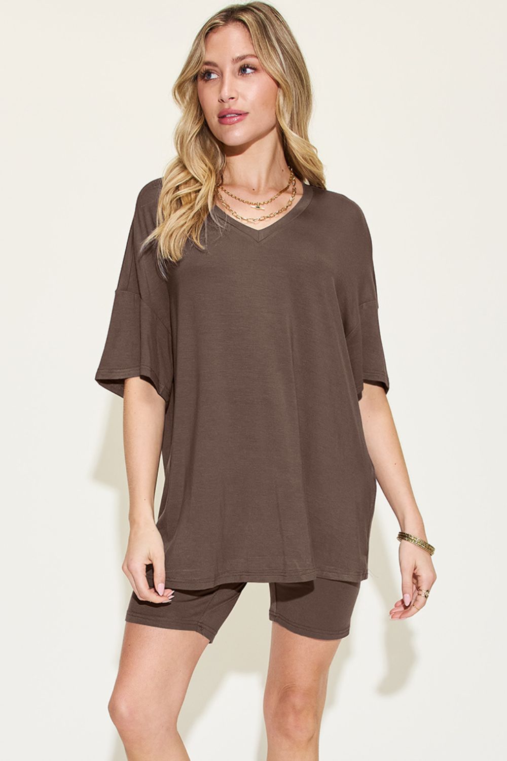 Basic Bae Full Size V-Neck Drop Shoulder T-Shirt and Shorts Set Basic Bae Full Size V-Neck Drop Shoulder T-Shirt and Shorts Set - TopFashionHQ